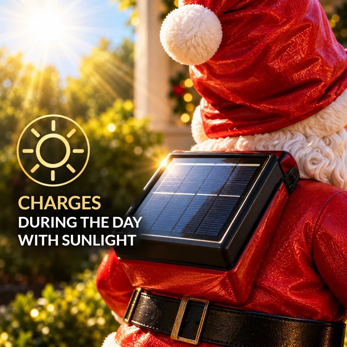 Solar panel on Santa's back, charging during the day