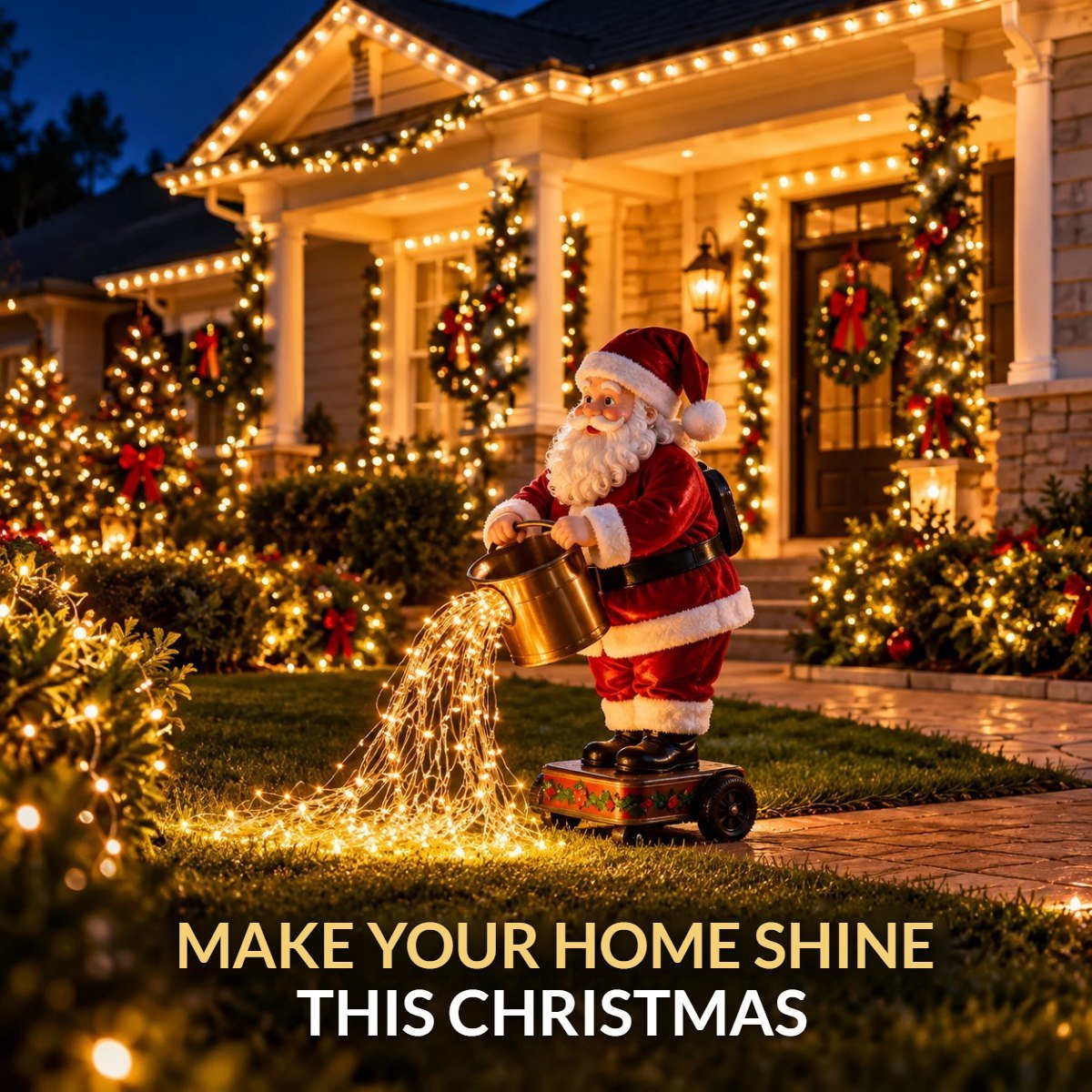 Santa decorating the front of the house